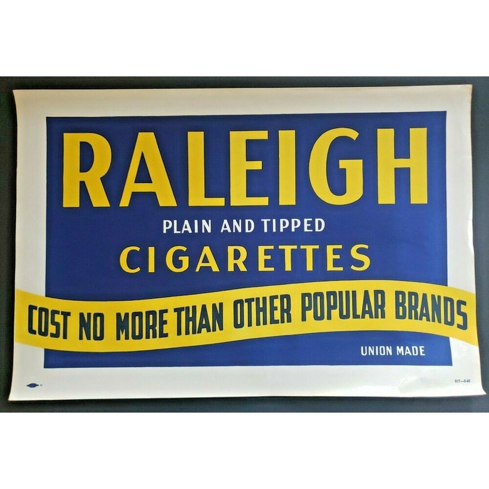 1940's Raleigh Cigarette Store Sign / Poster 18" x‎ 12" NOS WS9B